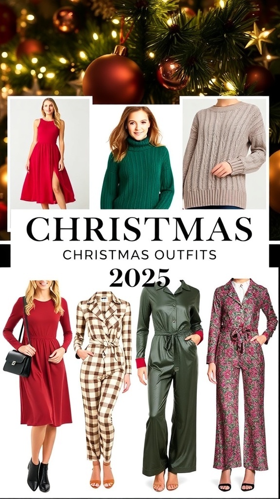 A stylish display of Christmas outfits including a red dress, knit sweater, green turtleneck, metallic jumpsuit, and festive pajamas.